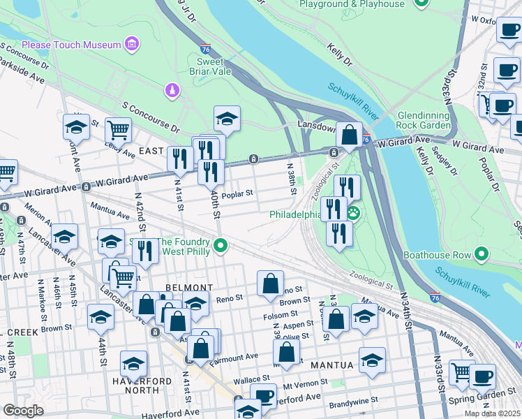 map of restaurants, bars, coffee shops, grocery stores, and more near 3863 Pennsgrove Street in Philadelphia