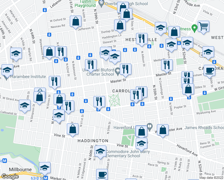 map of restaurants, bars, coffee shops, grocery stores, and more near 1315 North Hobart Street in Philadelphia