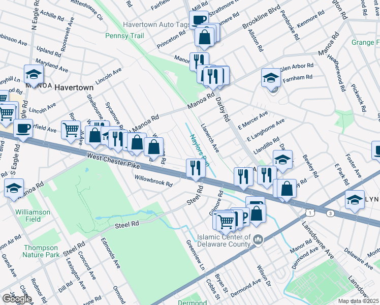 map of restaurants, bars, coffee shops, grocery stores, and more near 616 Naylors Run Road in Havertown