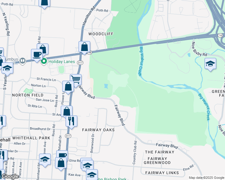 map of restaurants, bars, coffee shops, grocery stores, and more near in Columbus