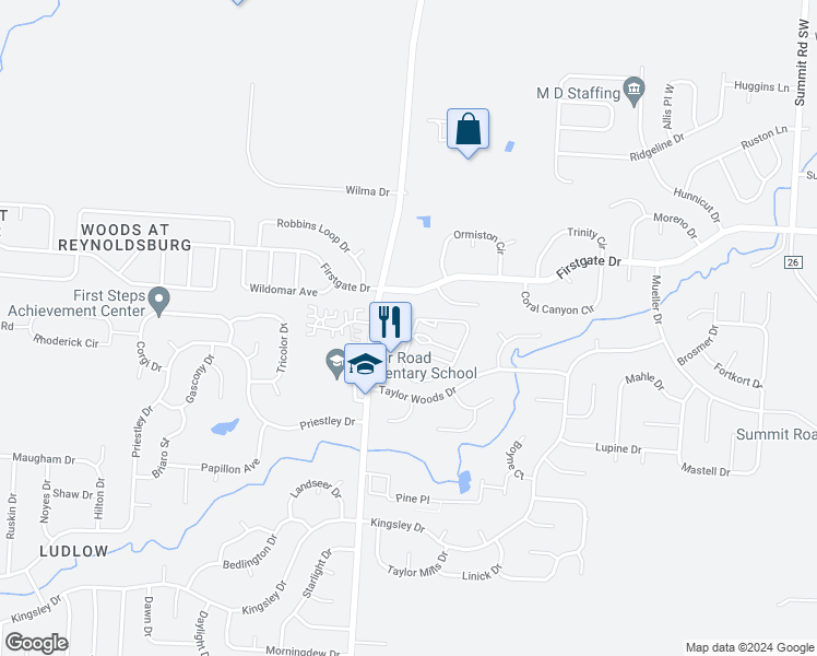 map of restaurants, bars, coffee shops, grocery stores, and more near 796 Millstream Drive in Reynoldsburg