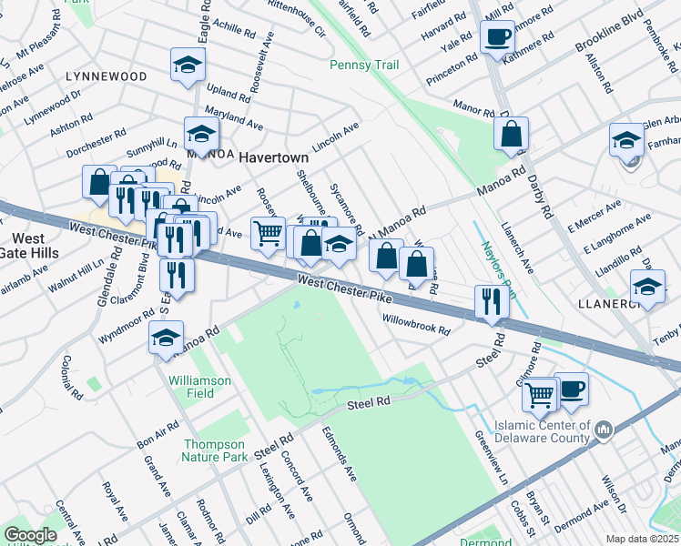 map of restaurants, bars, coffee shops, grocery stores, and more near 105 West Chester Pike in Havertown