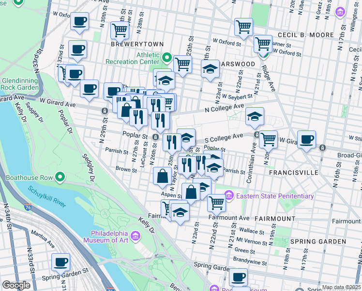 map of restaurants, bars, coffee shops, grocery stores, and more near 2424 Poplar Street in Philadelphia