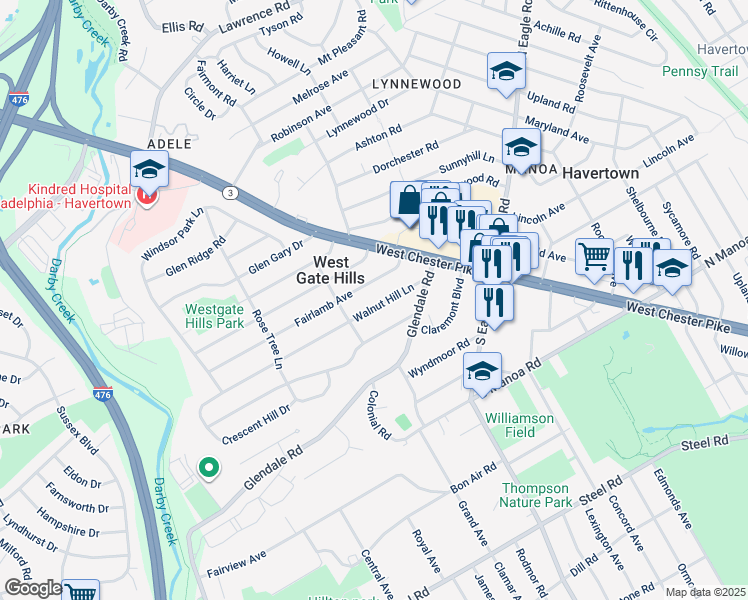 map of restaurants, bars, coffee shops, grocery stores, and more near 124 Walnut Hill Lane in Havertown