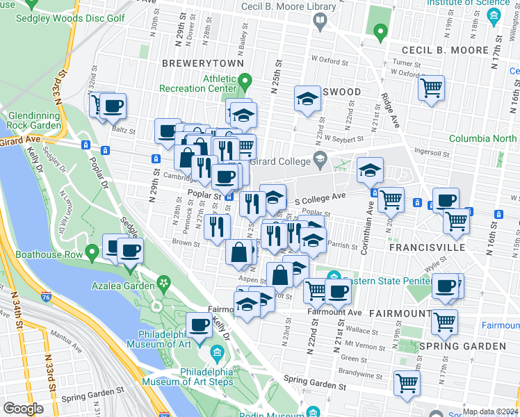 map of restaurants, bars, coffee shops, grocery stores, and more near 896 North Taylor Street in Philadelphia