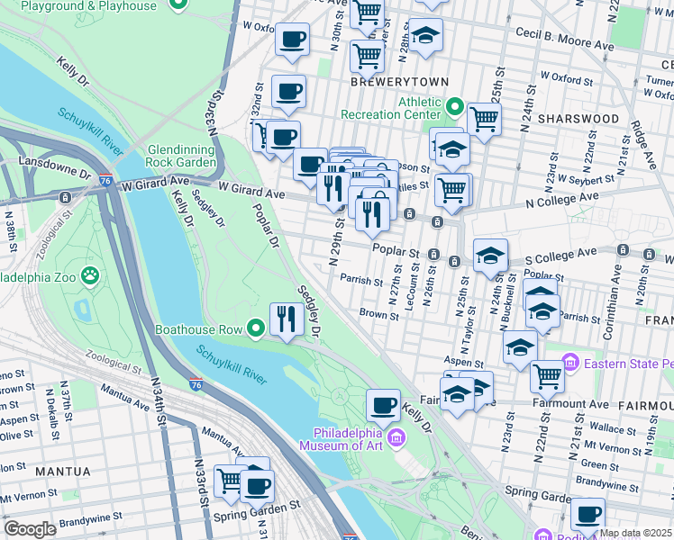 map of restaurants, bars, coffee shops, grocery stores, and more near 829 North 29th Street in Philadelphia
