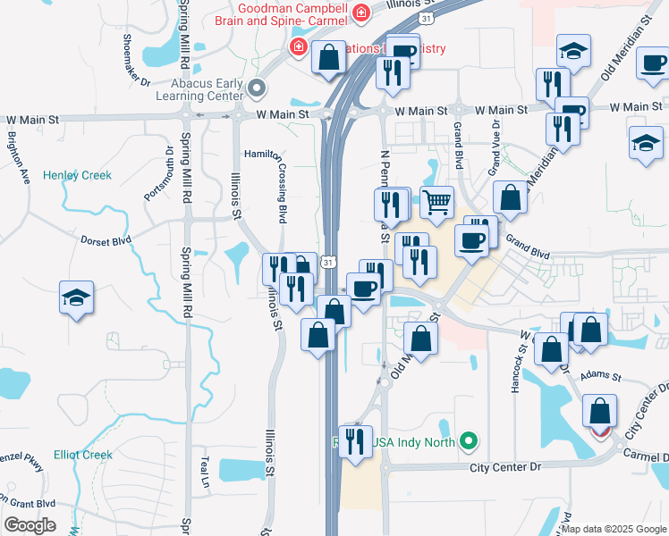 map of restaurants, bars, coffee shops, grocery stores, and more near North Meridian Street in Carmel