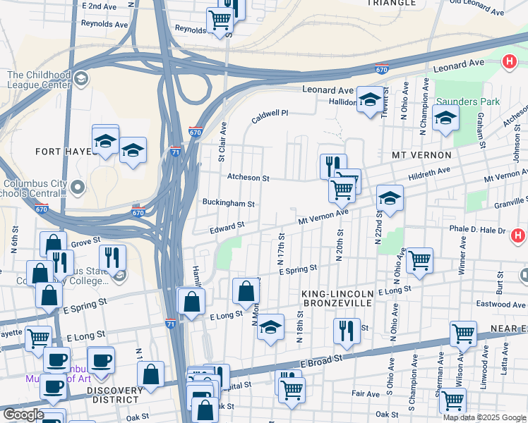 map of restaurants, bars, coffee shops, grocery stores, and more near 350 Mount Vernon Avenue in Columbus