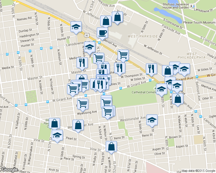 map of restaurants, bars, coffee shops, grocery stores, and more near 5154 W Stiles St in Philadelphia