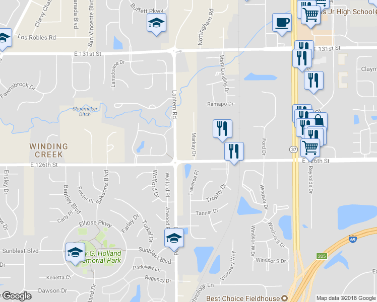map of restaurants, bars, coffee shops, grocery stores, and more near 12603 Markay Drive in Fishers