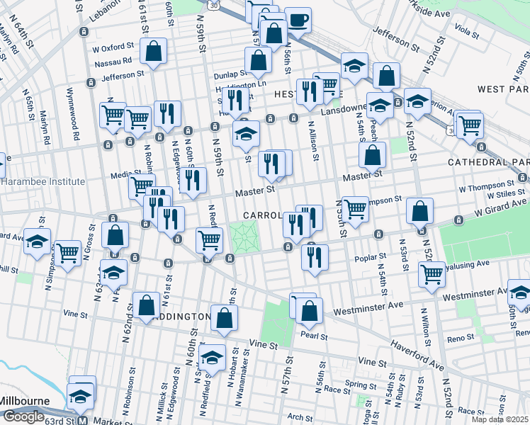 map of restaurants, bars, coffee shops, grocery stores, and more near 1308 North Alden Street in Philadelphia