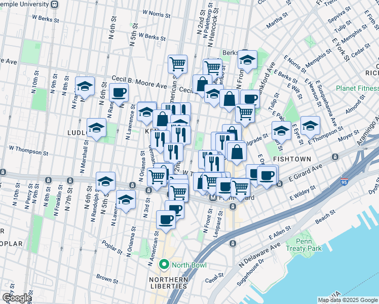 map of restaurants, bars, coffee shops, grocery stores, and more near 174 Master Street in Philadelphia