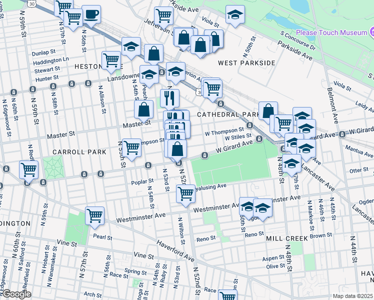 map of restaurants, bars, coffee shops, grocery stores, and more near 5152 West Stiles Street in Philadelphia