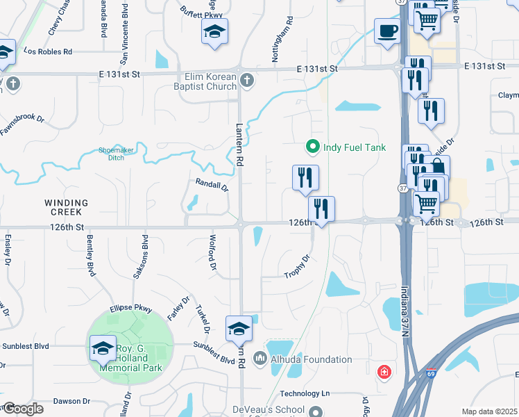 map of restaurants, bars, coffee shops, grocery stores, and more near 12603 Markay Drive in Fishers