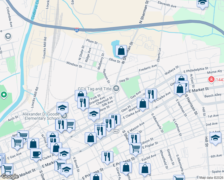map of restaurants, bars, coffee shops, grocery stores, and more near 1583 York Street in York
