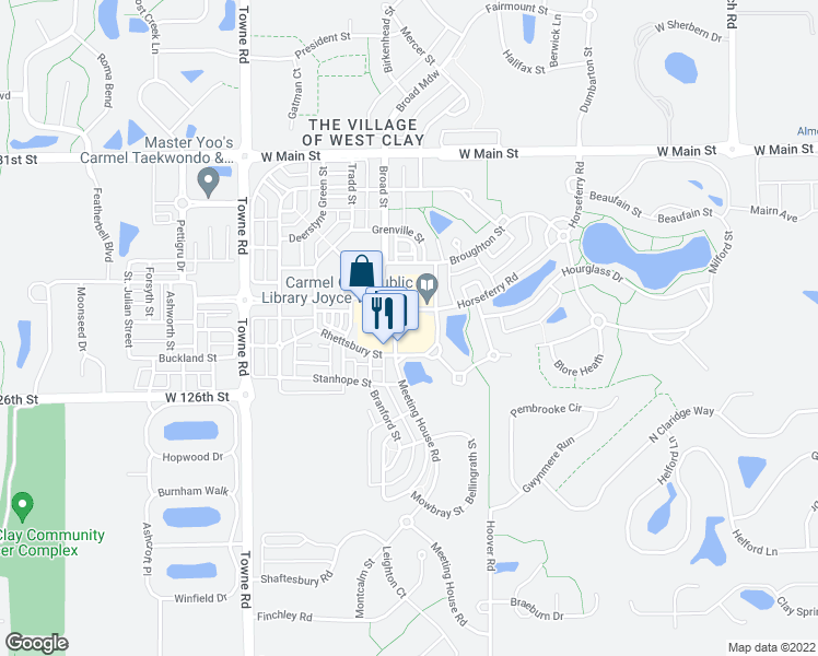 map of restaurants, bars, coffee shops, grocery stores, and more near 12755 Horseferry Road in Carmel