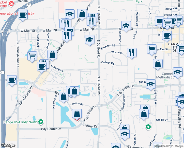 map of restaurants, bars, coffee shops, grocery stores, and more near 934 Shea Court in Carmel