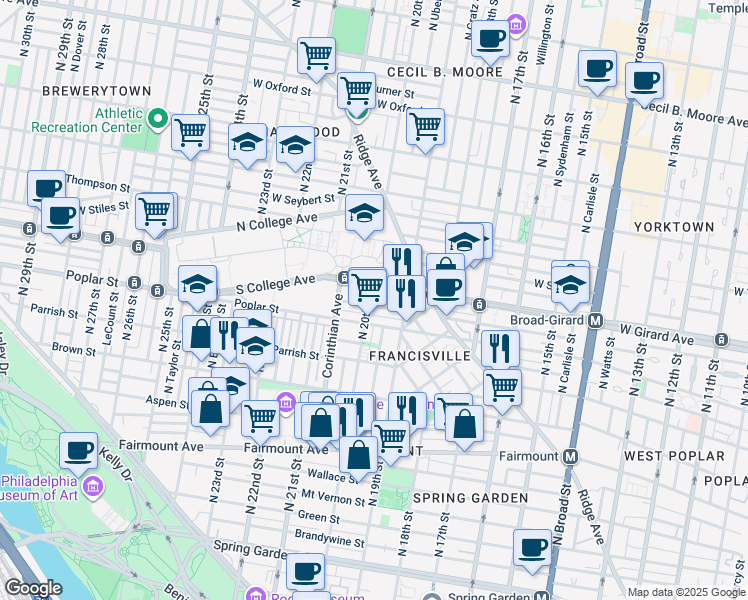 map of restaurants, bars, coffee shops, grocery stores, and more near 2006 Cambridge Street in Philadelphia