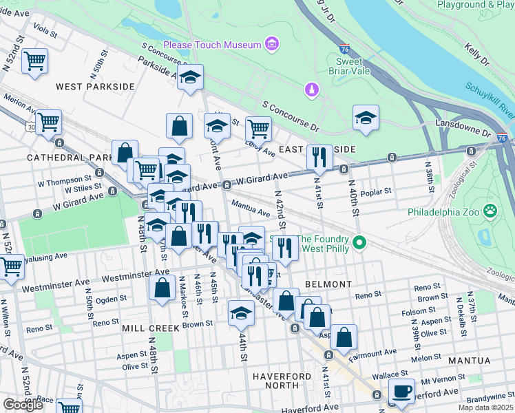 map of restaurants, bars, coffee shops, grocery stores, and more near 4251 Mantua Avenue in Philadelphia
