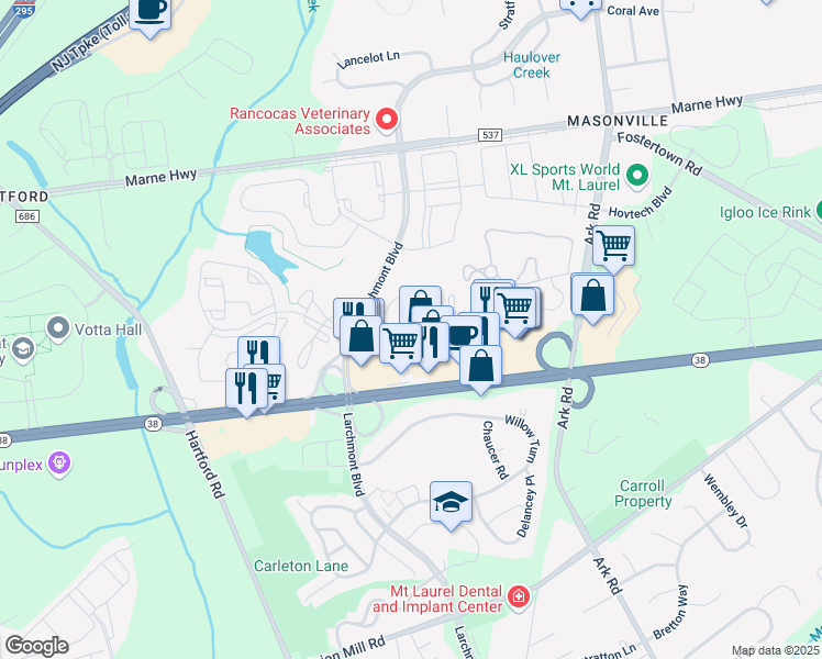 map of restaurants, bars, coffee shops, grocery stores, and more near 2404B Sedgefield Drive in Mount Laurel Township