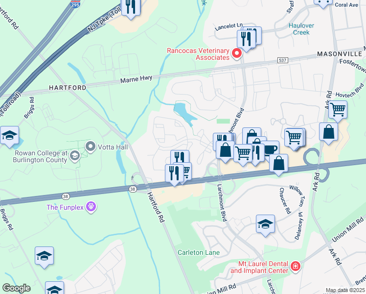map of restaurants, bars, coffee shops, grocery stores, and more near 4904B Dunbarton Road in Mount Laurel Township