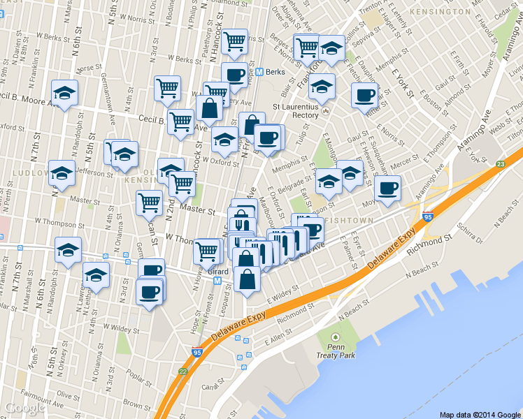 map of restaurants, bars, coffee shops, grocery stores, and more near 1348 Marlborough Street in Philadelphia