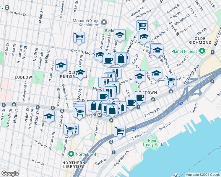 map of restaurants, bars, coffee shops, grocery stores, and more near 1405 North Front Street in Philadelphia