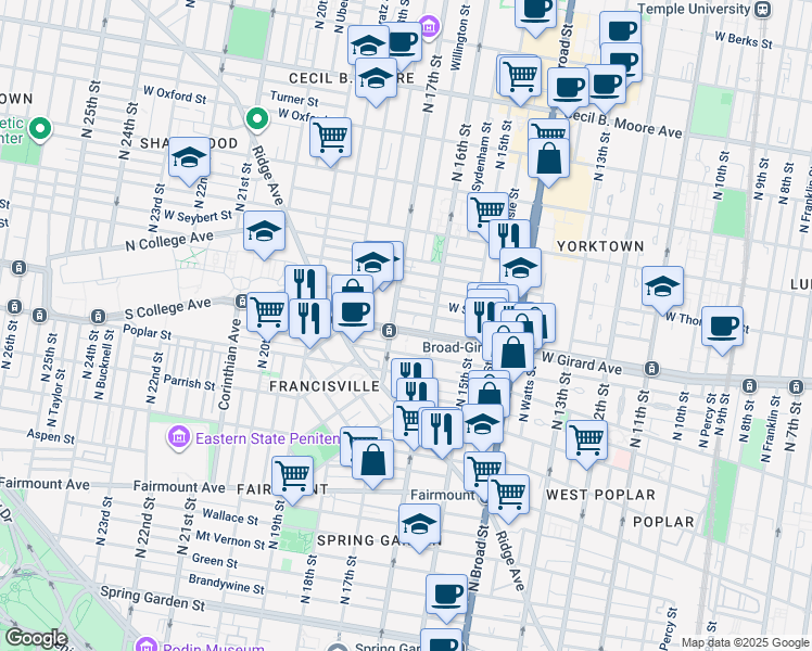 map of restaurants, bars, coffee shops, grocery stores, and more near 1617 West Girard Avenue in Philadelphia