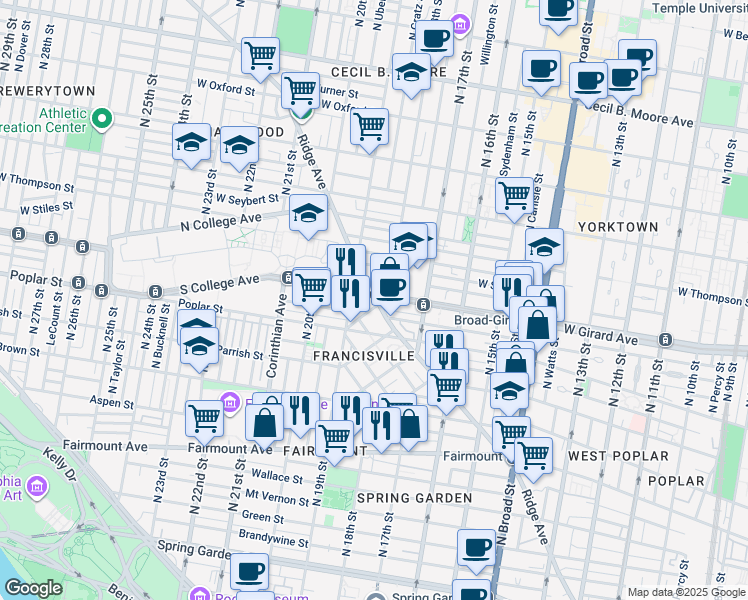 map of restaurants, bars, coffee shops, grocery stores, and more near 1820 Ridge Avenue in Philadelphia