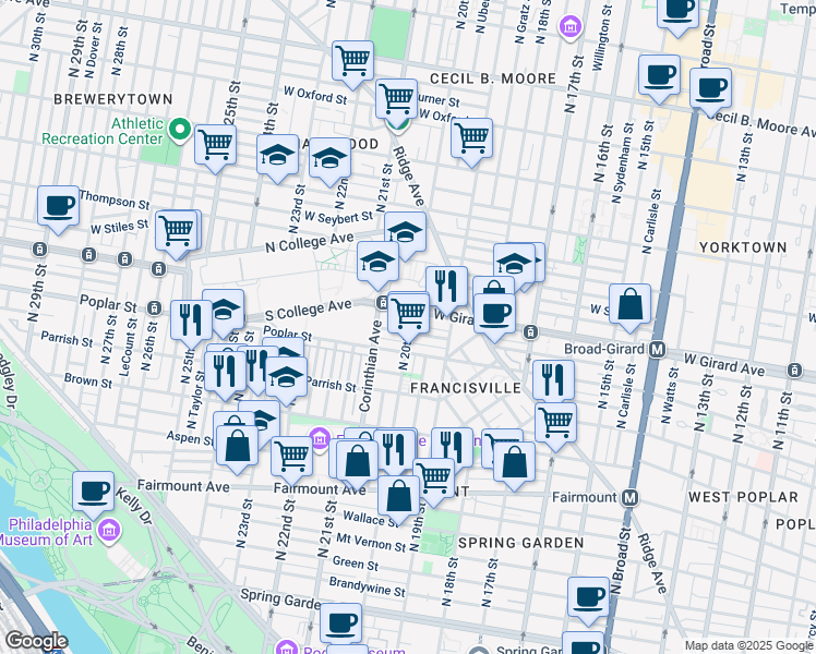 map of restaurants, bars, coffee shops, grocery stores, and more near 2006 Cambridge Street in Philadelphia