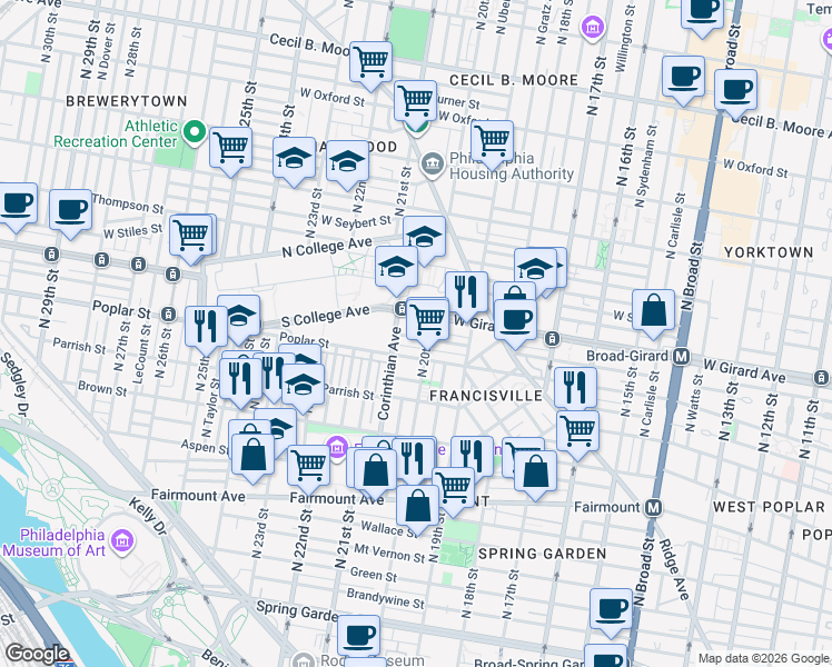 map of restaurants, bars, coffee shops, grocery stores, and more near 2006 Cambridge Street in Philadelphia