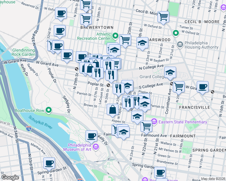 map of restaurants, bars, coffee shops, grocery stores, and more near 851 North Bambrey Street in Philadelphia