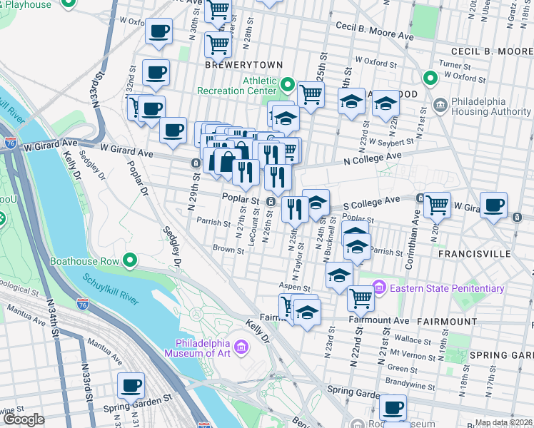 map of restaurants, bars, coffee shops, grocery stores, and more near 863 North Taney Street in Philadelphia