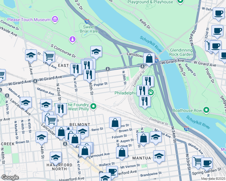 map of restaurants, bars, coffee shops, grocery stores, and more near 3853 Pennsgrove Street in Philadelphia