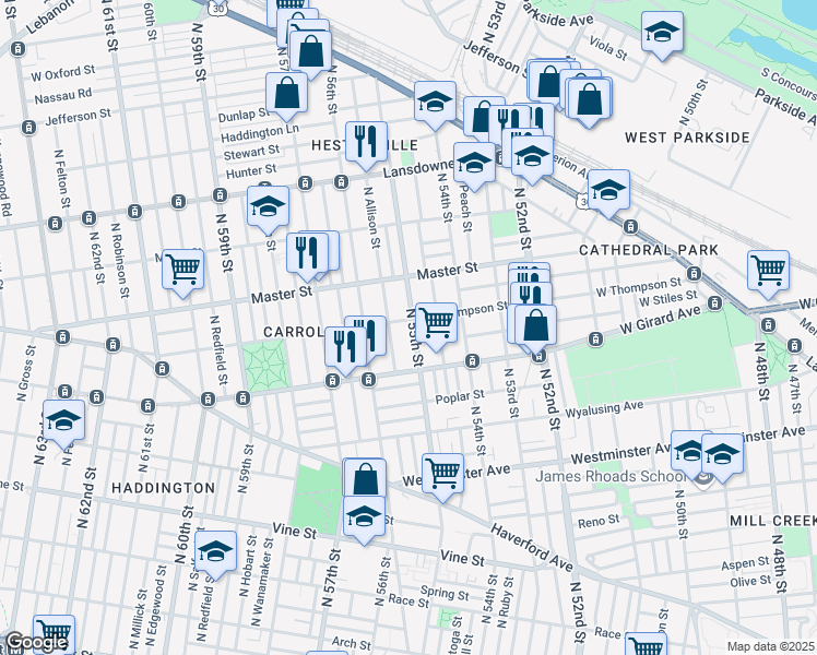 map of restaurants, bars, coffee shops, grocery stores, and more near 1250 North 55th Street in Philadelphia