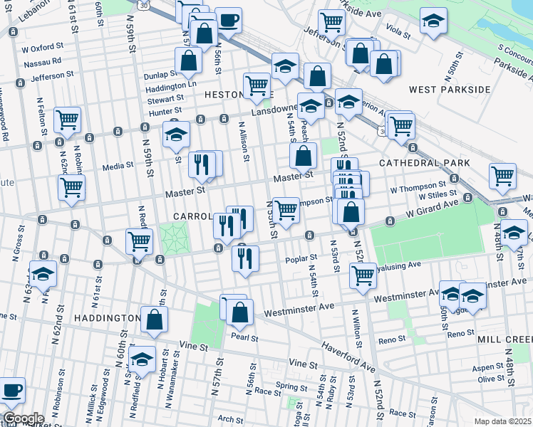 map of restaurants, bars, coffee shops, grocery stores, and more near 1250 North 55th Street in Philadelphia