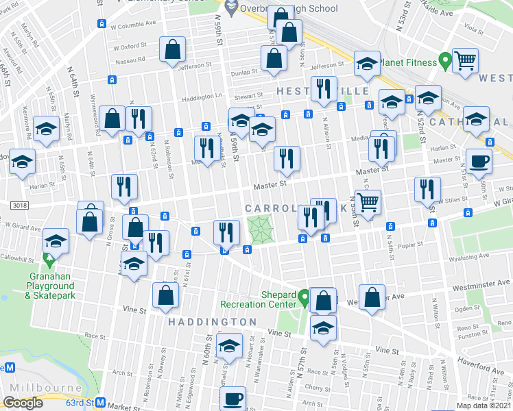 map of restaurants, bars, coffee shops, grocery stores, and more near 5825 West Thompson Street in Philadelphia