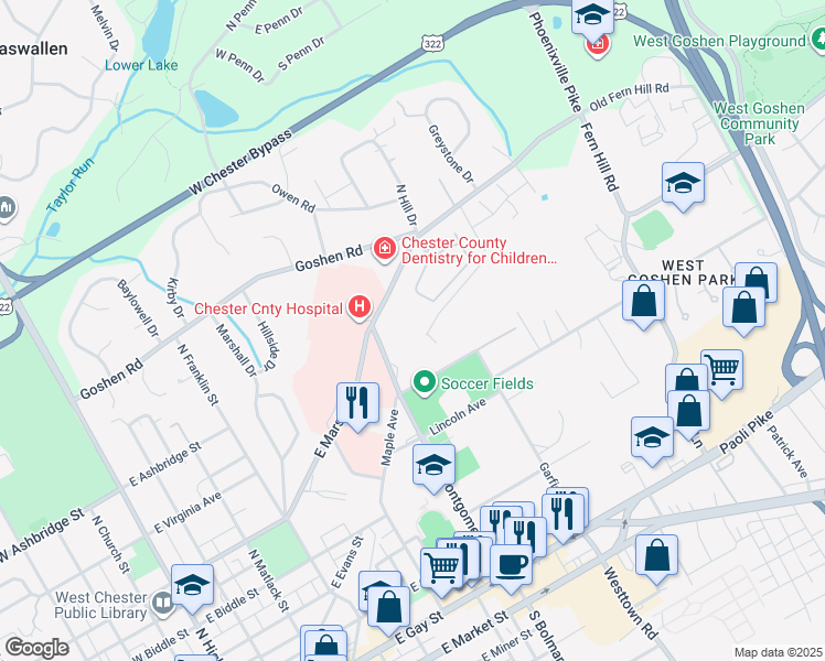map of restaurants, bars, coffee shops, grocery stores, and more near 800 East Virginia Avenue in West Chester