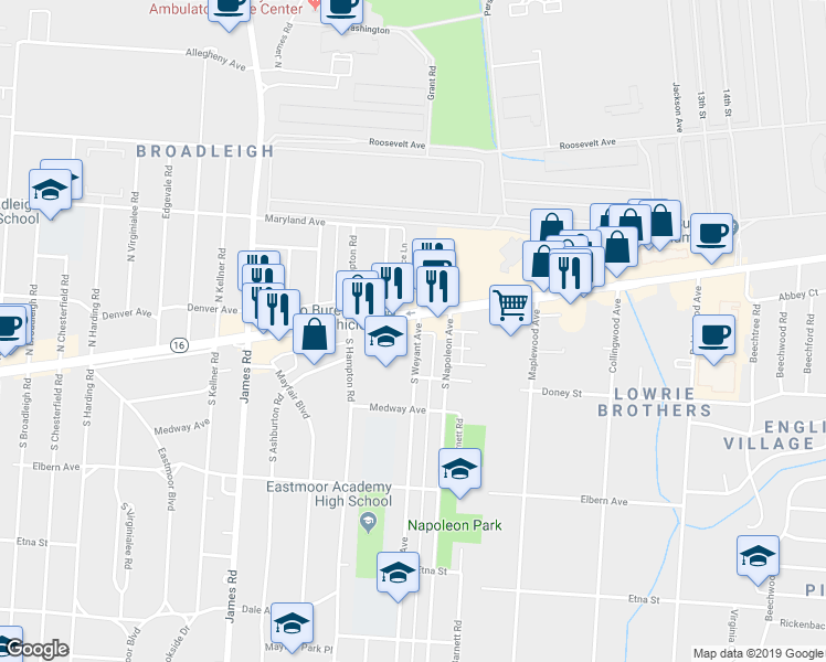 map of restaurants, bars, coffee shops, grocery stores, and more near 26 South Weyant Avenue in Columbus