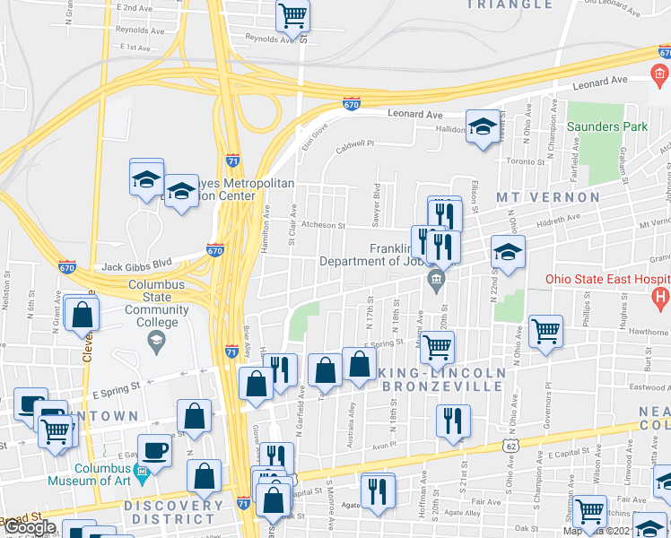 map of restaurants, bars, coffee shops, grocery stores, and more near 339 North Monroe Avenue in Columbus