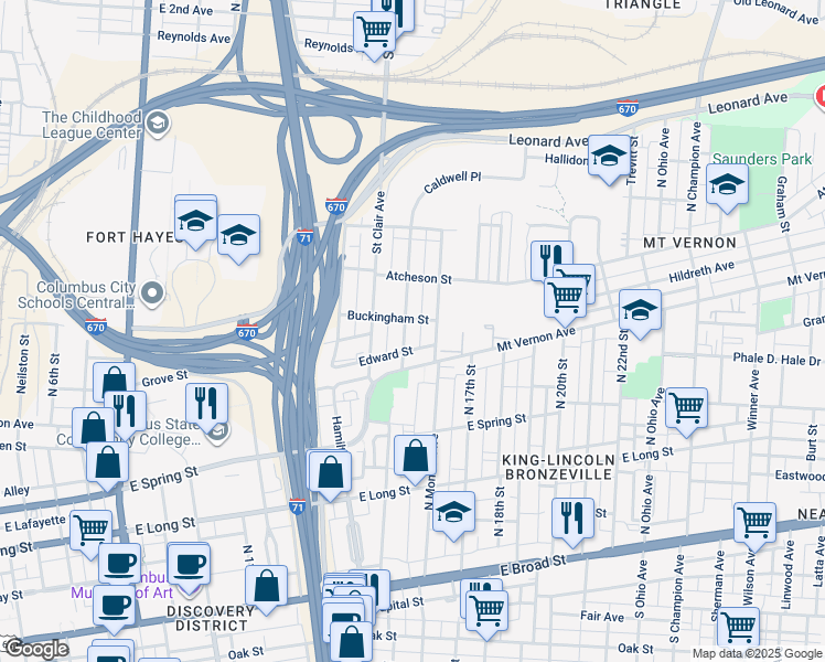 map of restaurants, bars, coffee shops, grocery stores, and more near 339 North Monroe Avenue in Columbus