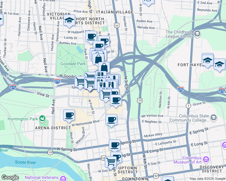 map of restaurants, bars, coffee shops, grocery stores, and more near 500 North High Street in Columbus