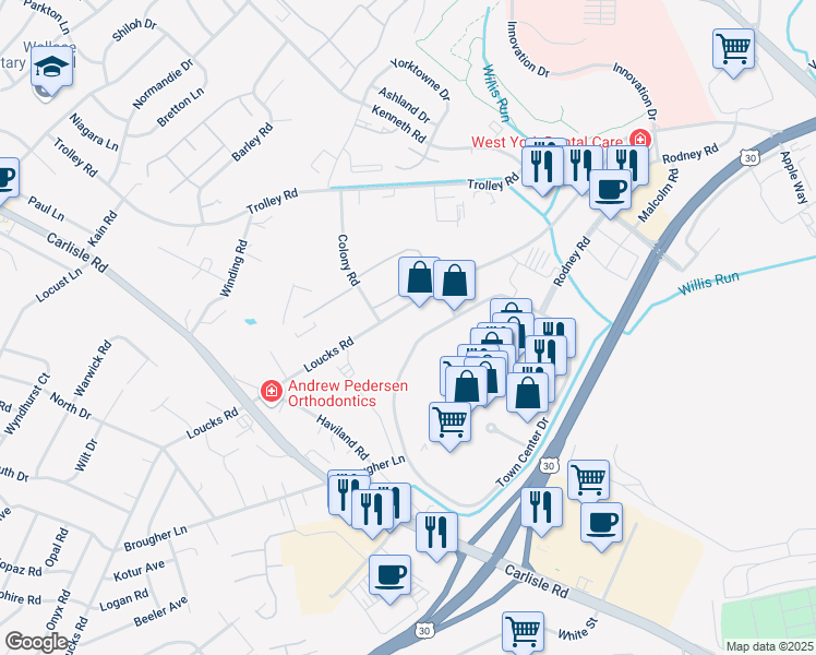 map of restaurants, bars, coffee shops, grocery stores, and more near 725 Town Center Drive in York