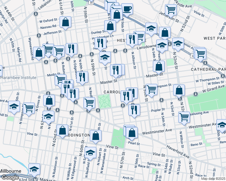 map of restaurants, bars, coffee shops, grocery stores, and more near 1308 North Alden Street in Philadelphia