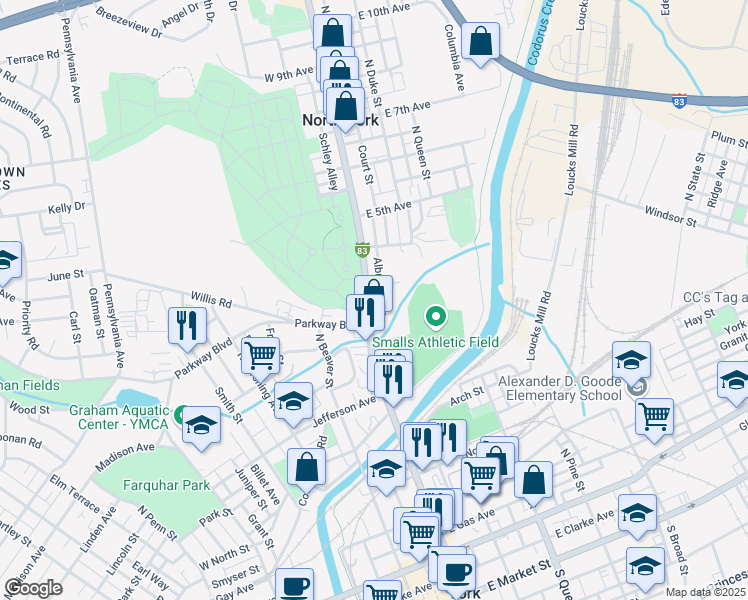 map of restaurants, bars, coffee shops, grocery stores, and more near 627 North George Street in York