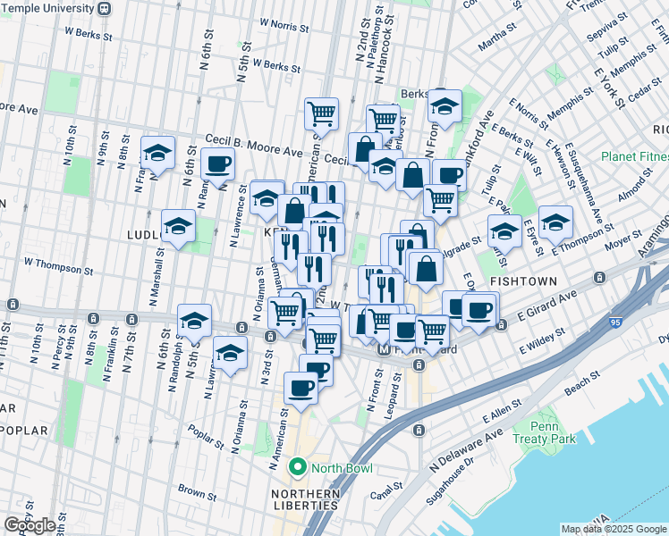 map of restaurants, bars, coffee shops, grocery stores, and more near 1356 North Palethorp Street in Philadelphia