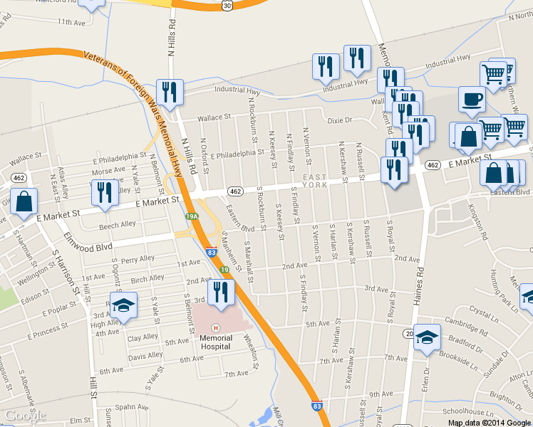 map of restaurants, bars, coffee shops, grocery stores, and more near 29 South Rockburn Street in York