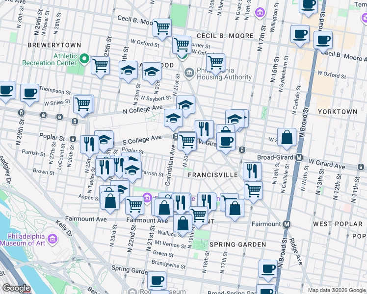 map of restaurants, bars, coffee shops, grocery stores, and more near 2006 Cambridge Street in Philadelphia