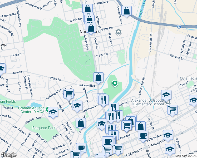 map of restaurants, bars, coffee shops, grocery stores, and more near 623 North George Street in York