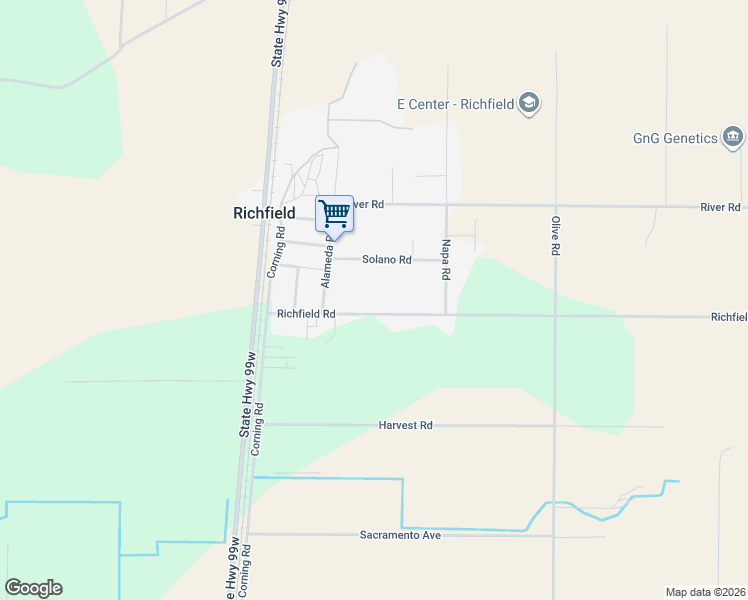 map of restaurants, bars, coffee shops, grocery stores, and more near 23170 Richfield Road in Corning